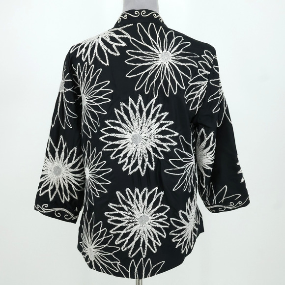 Chicos Jacket 2 Womens Large 12 Black White Silk Embroidered Open Front Mandarin - Picture 2 of 13